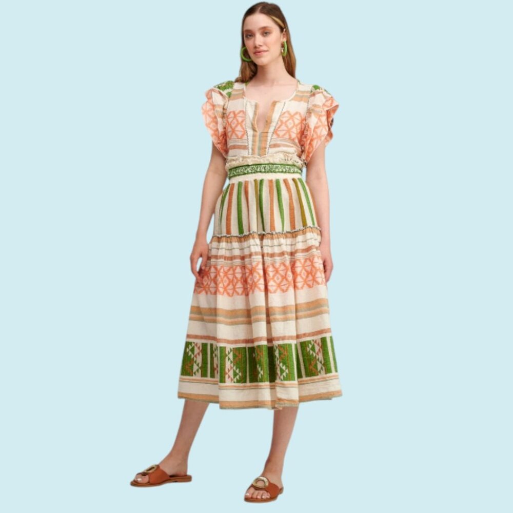 Pearl & Caviar Skirt Size XS Small Meteora Maxi Orange Green Tiered Grecian Boho